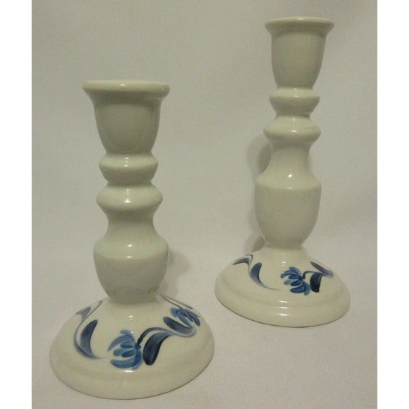 N S Gustin Co White Porcelain Blue Hand Painted Decorated Candle Holder Set of 2 - Picture 3 of 8